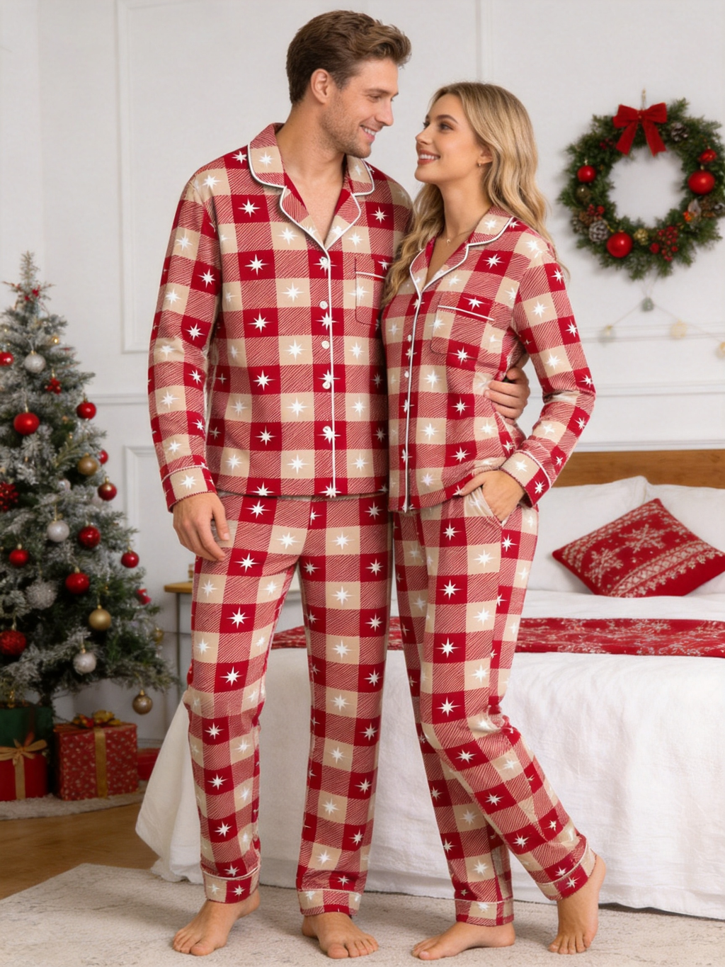 Red Gingham with Stars Matching Couple Christmas Pajamas Sleepwear