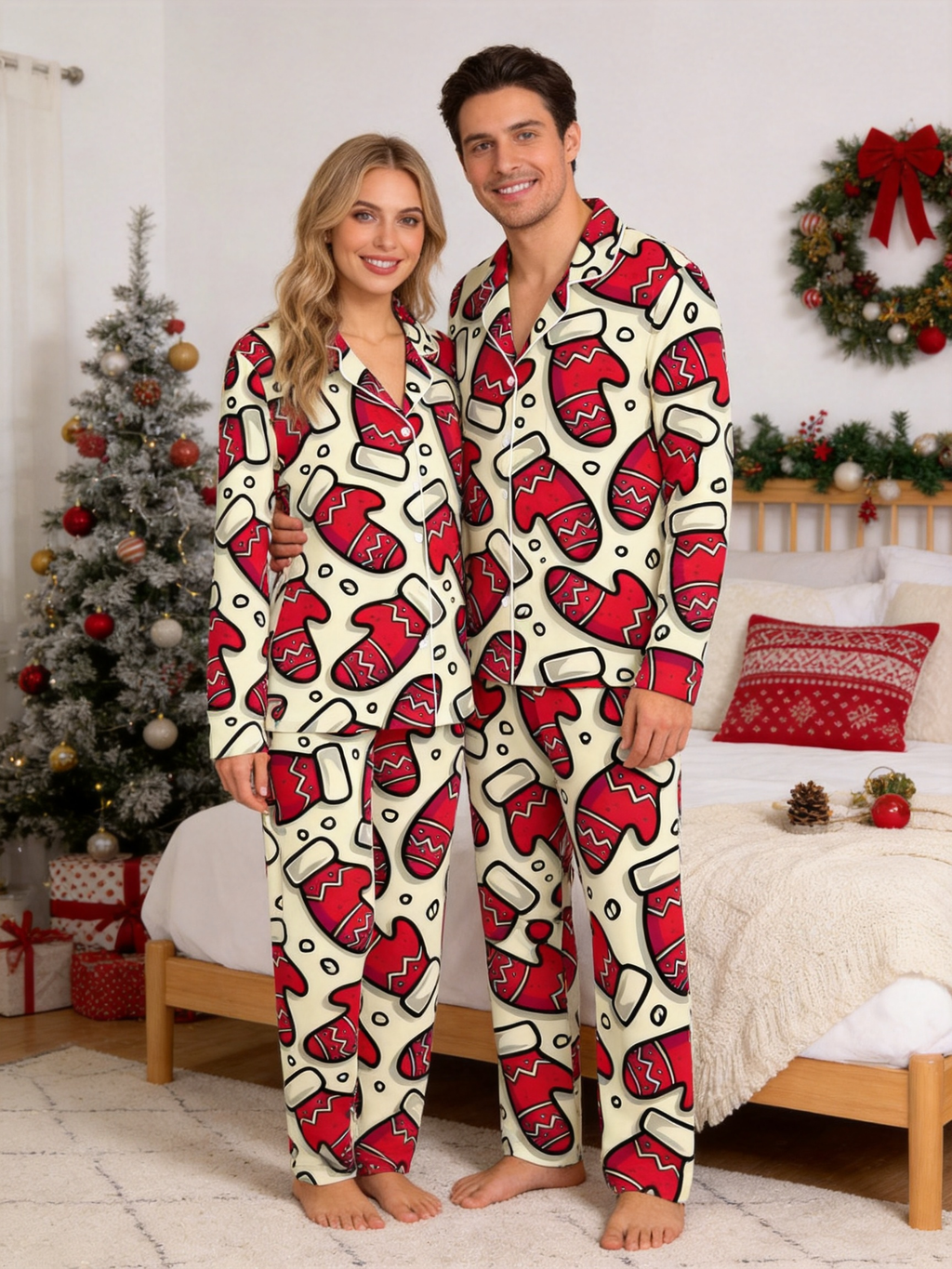 Red Mitten Print Christmas Matching Couple Pajamas Holiday Set