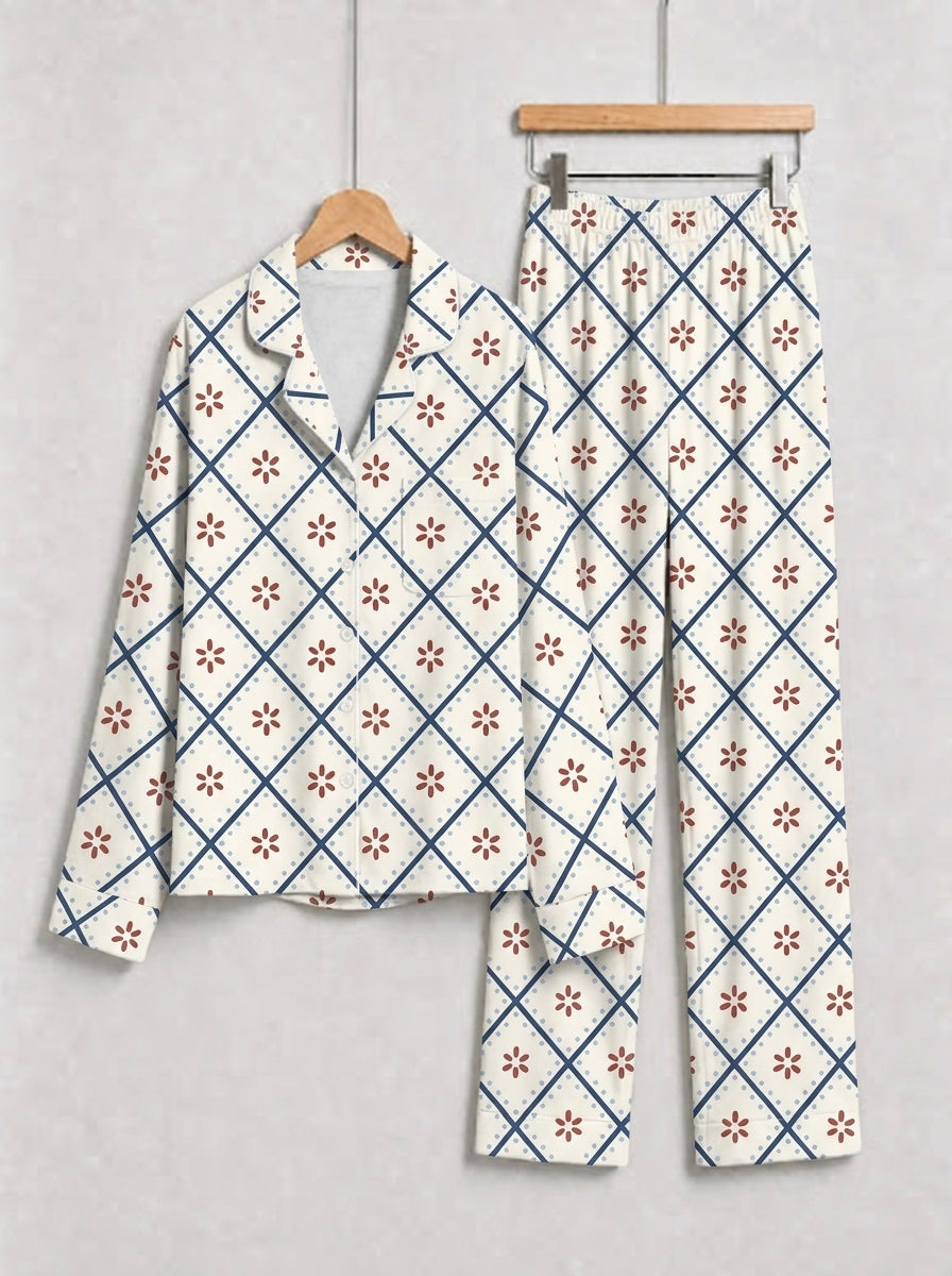 Blue Plaid with Red Winter Floral Print Button-Down Matching Couple Pajamas