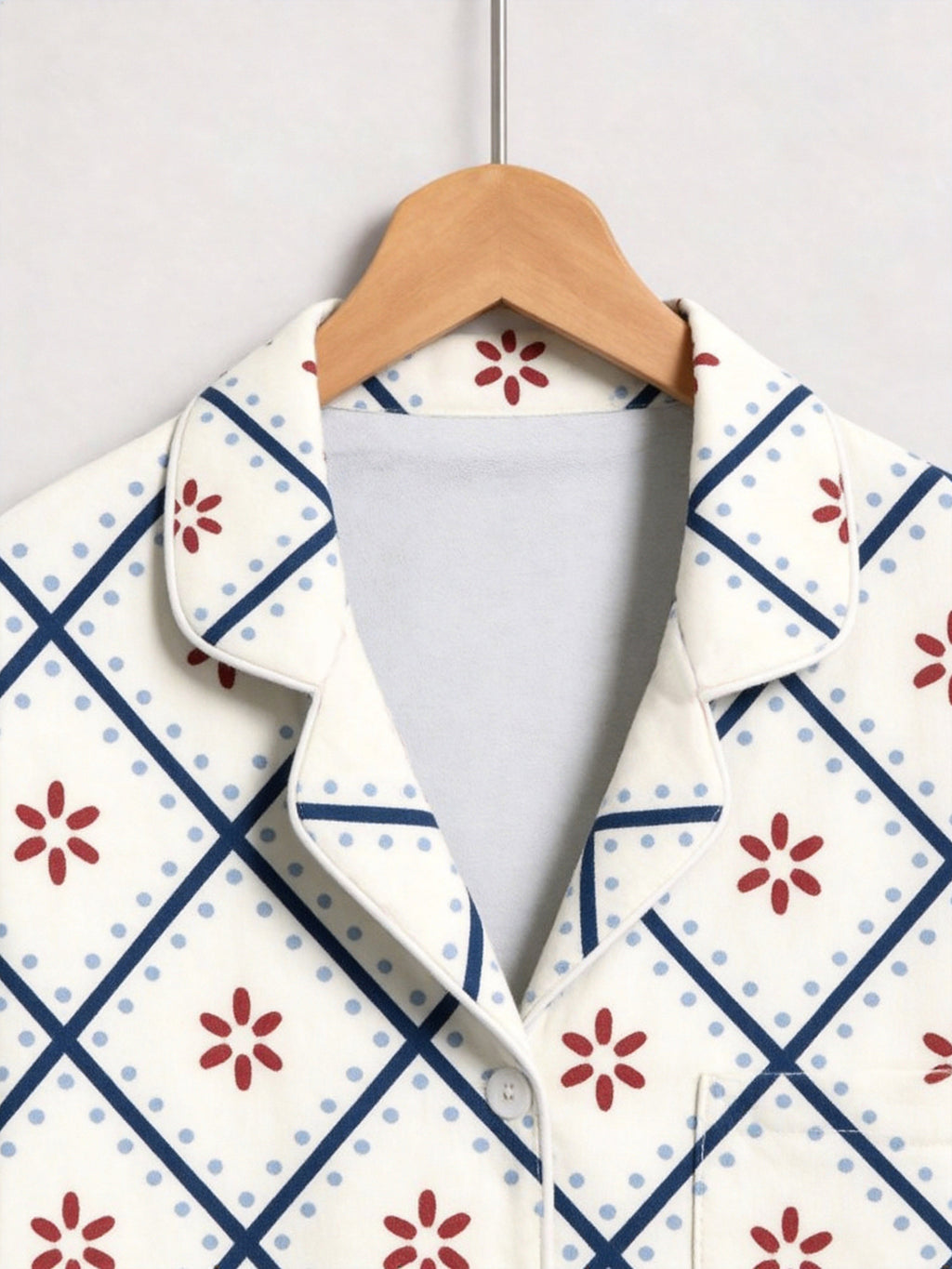 Blue Plaid with Red Winter Floral Print Button-Down Matching Couple Pajamas