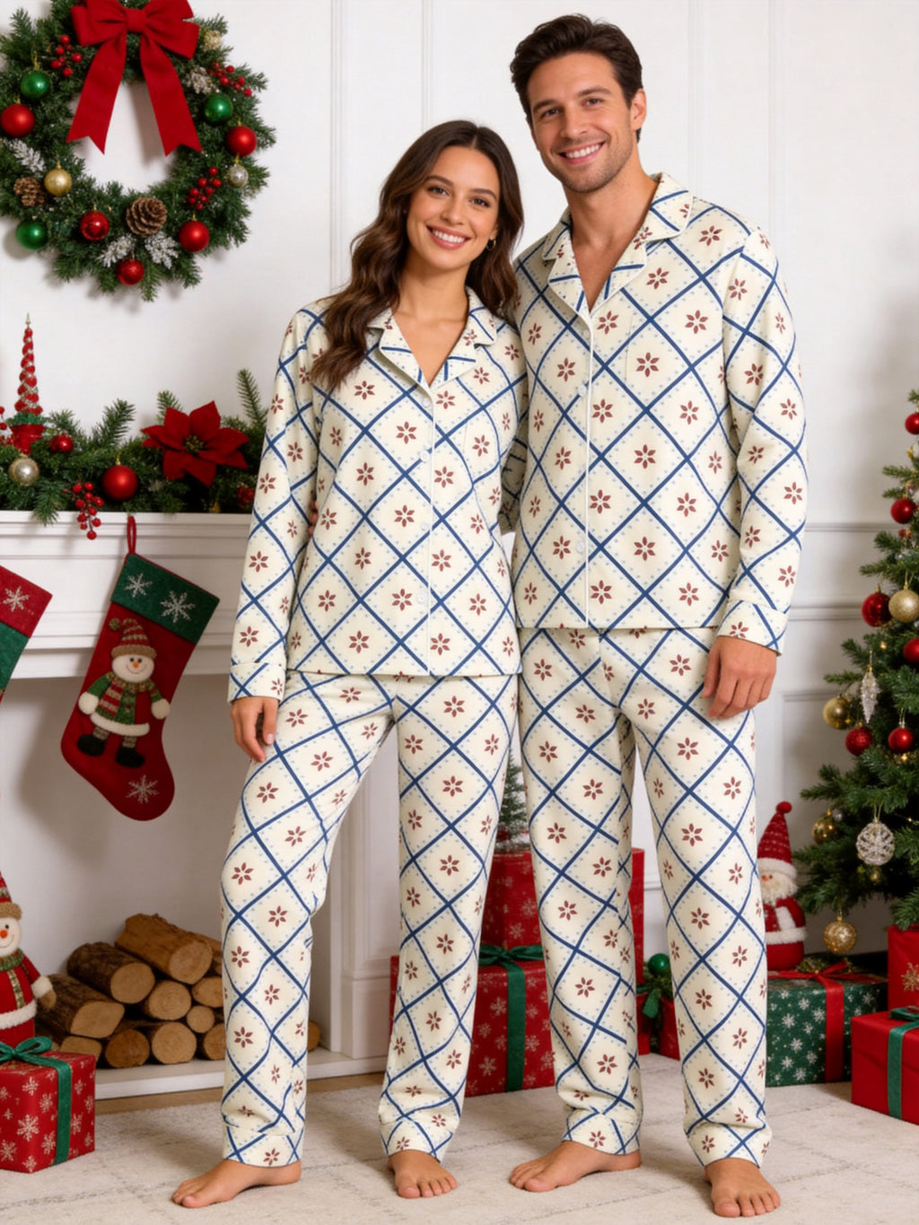 Blue Plaid with Red Winter Floral Print Button-Down Matching Couple Pajamas