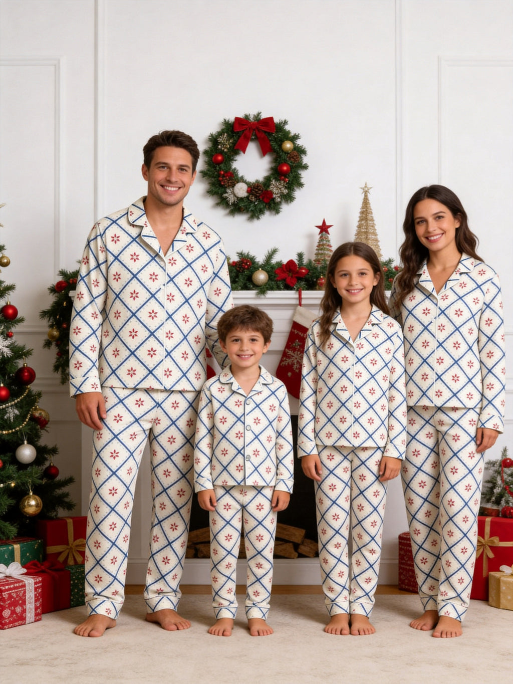 Blue Plaid with Red Winter Floral Print Button-Down Matching Couple Pajamas