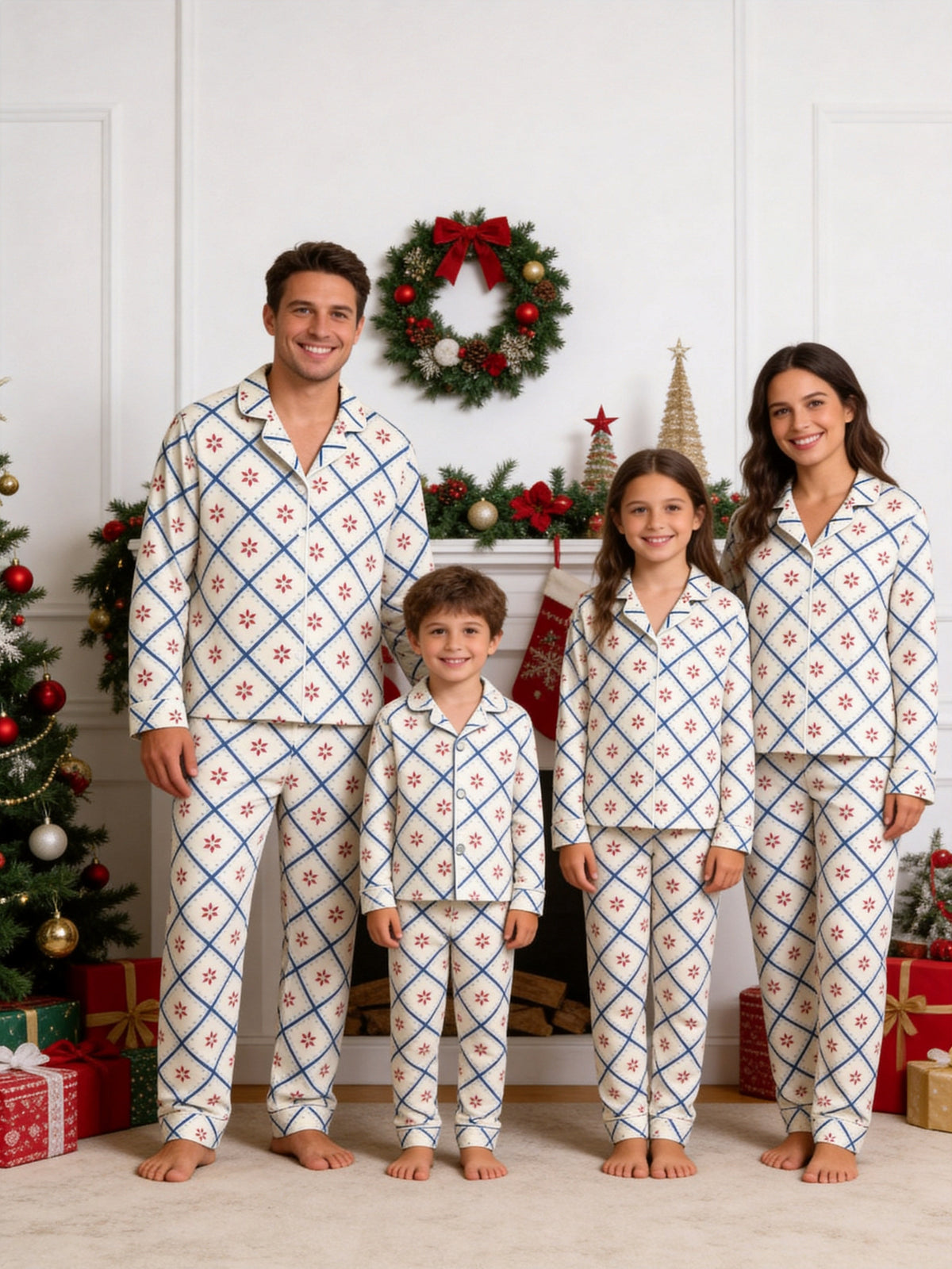 Blue Plaid with Red Winter Floral Print Button-Down Matching Couple Pajamas