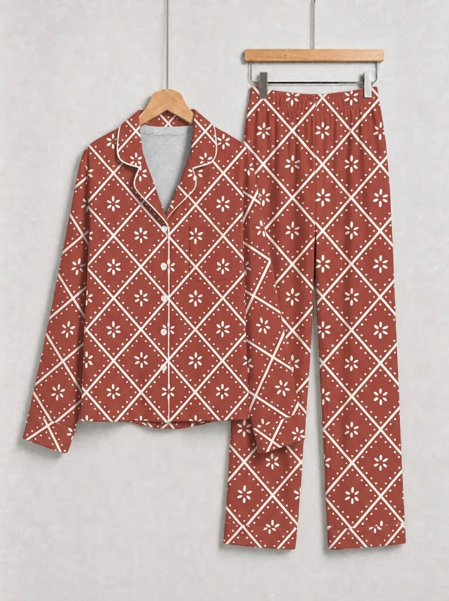 Terracotta Red Geometric Diamond and White Floral Print Holiday Couple Pajamas Set
