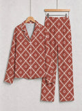 Terracotta Red Geometric Diamond and White Floral Print Holiday Couple Pajamas Set