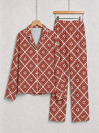 Terracotta Red Geometric Diamond and White Floral Print Holiday Couple Pajamas Set