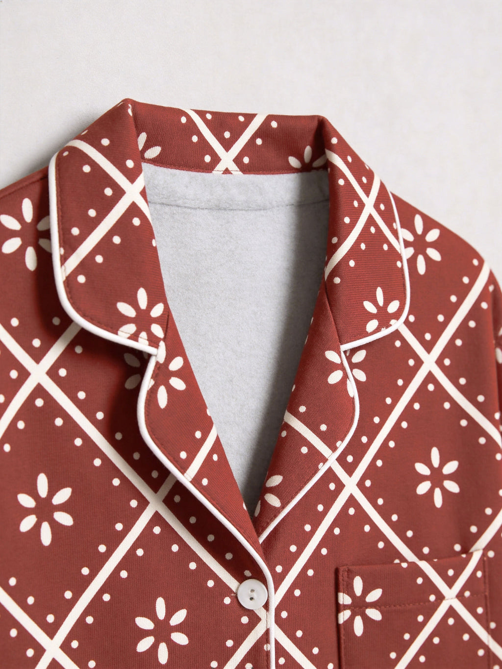 Terracotta Red Geometric Diamond and White Floral Print Holiday Couple Pajamas Set