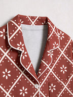 Terracotta Red Geometric Diamond and White Floral Print Holiday Couple Pajamas Set