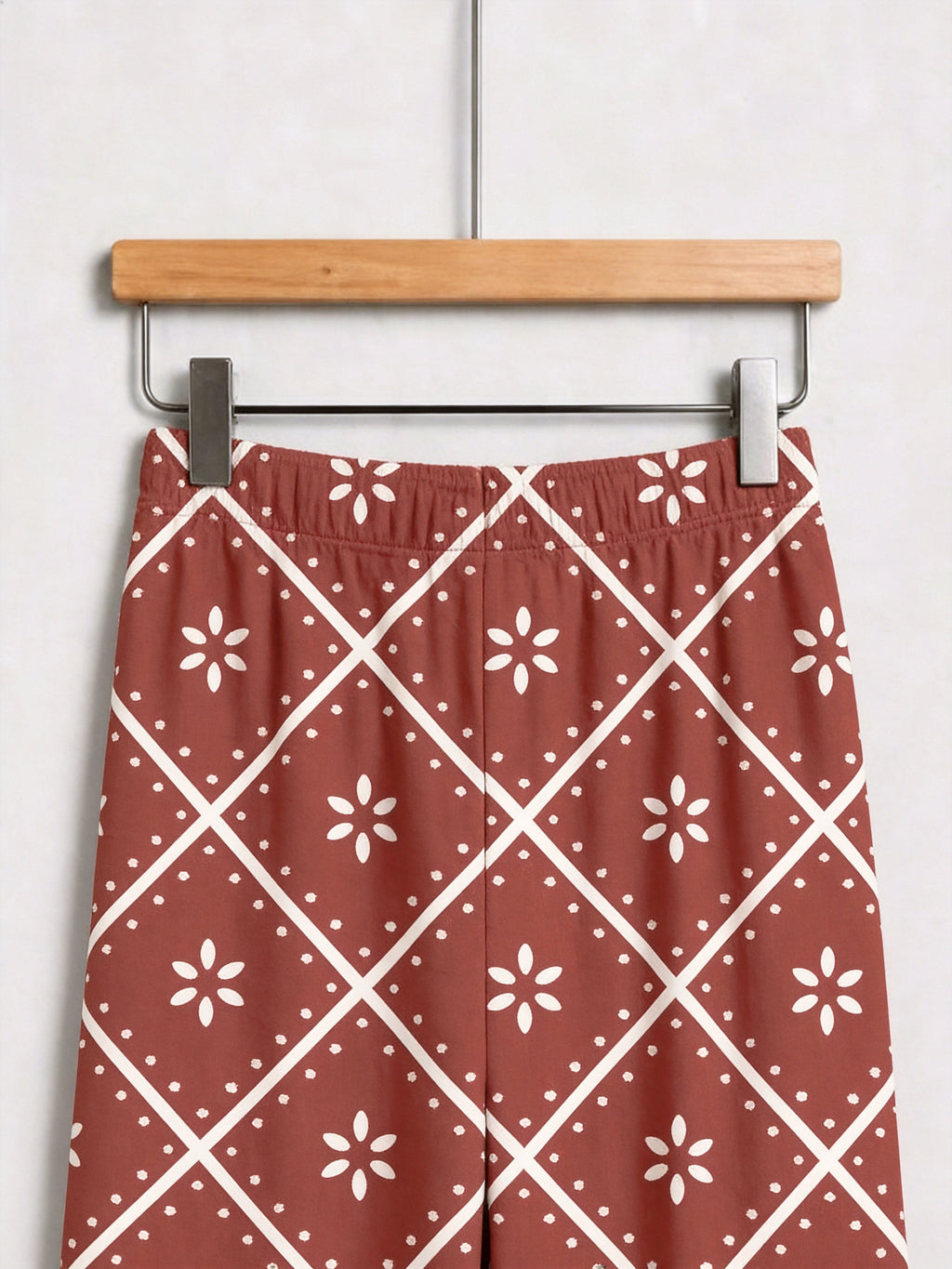 Terracotta Red Geometric Diamond and White Floral Print Holiday Couple Pajamas Set