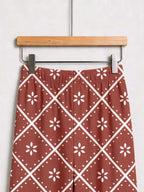 Terracotta Red Geometric Diamond and White Floral Print Holiday Couple Pajamas Set