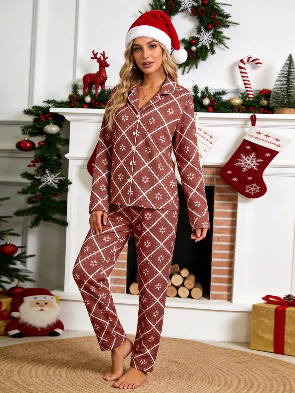 Terracotta Red Geometric Diamond and White Floral Print Holiday Couple Pajamas Set