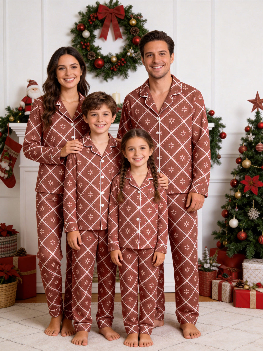 Terracotta Red Geometric Diamond and White Floral Print Holiday Couple Pajamas Set