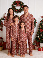 Terracotta Red Geometric Diamond and White Floral Print Holiday Couple Pajamas Set