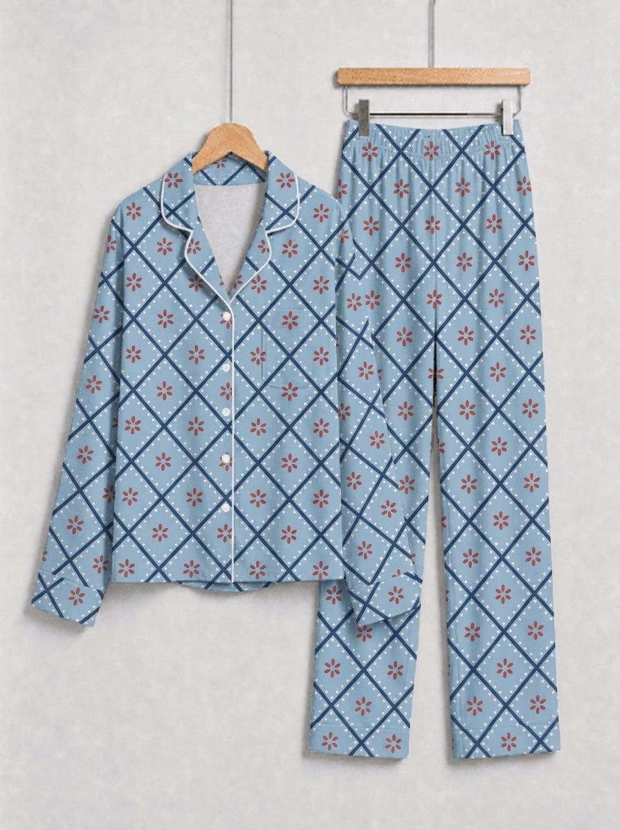 Dusty Blue Checkered Pattern with Red Flower Print Matching Couple PJs