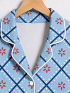 Dusty Blue Checkered Pattern with Red Flower Print Matching Couple PJs