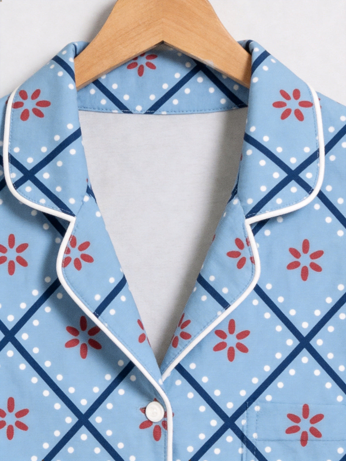 Dusty Blue Checkered Pattern with Red Flower Print Matching Couple PJs