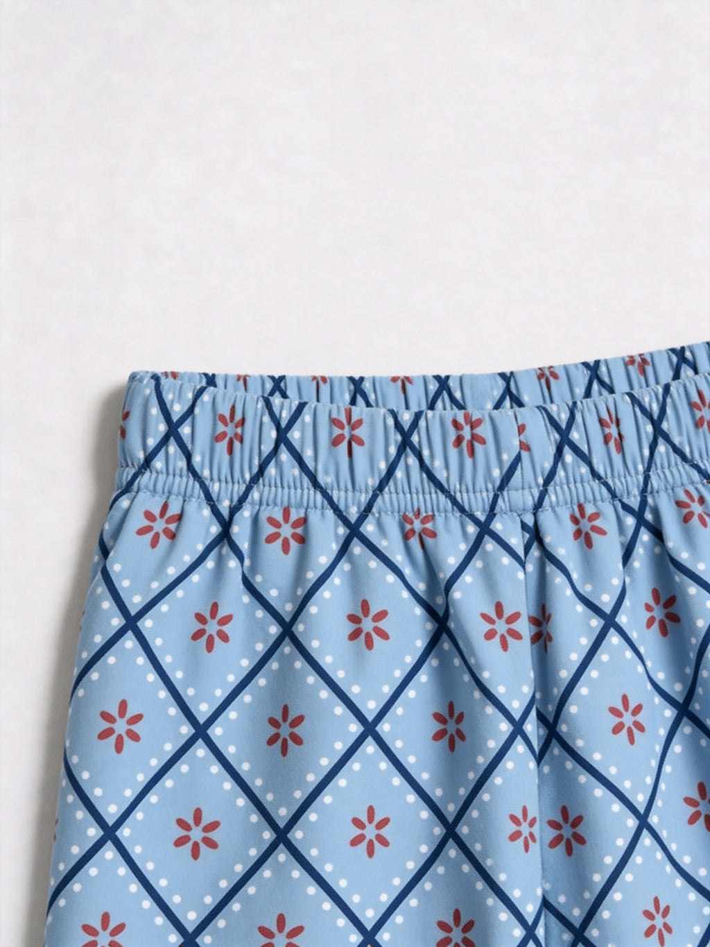 Dusty Blue Checkered Pattern with Red Flower Print Matching Couple PJs