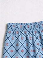 Dusty Blue Checkered Pattern with Red Flower Print Matching Couple PJs