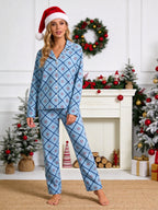 Dusty Blue Checkered Pattern with Red Flower Print Matching Couple PJs