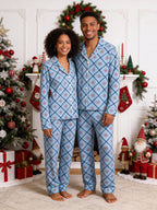 Dusty Blue Checkered Pattern with Red Flower Print Matching Couple PJs