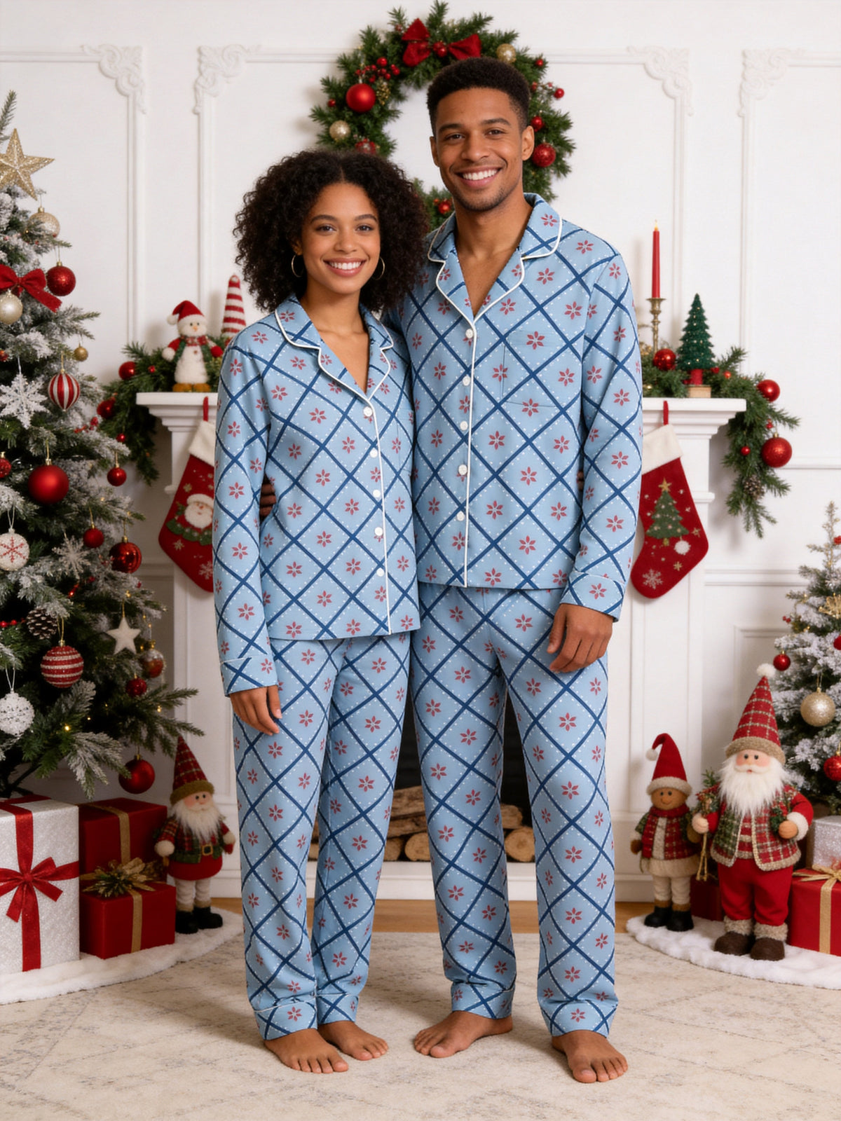 Dusty Blue Checkered Pattern with Red Flower Print Matching Couple PJs