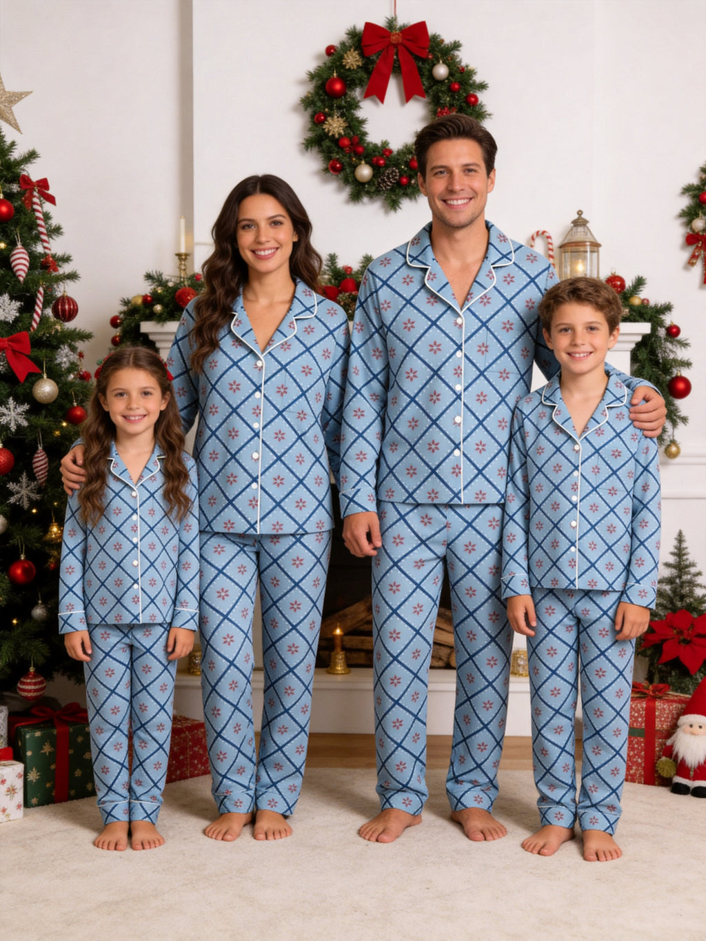 Dusty Blue Checkered Pattern with Red Flower Print Matching Couple PJs