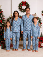 Dusty Blue Checkered Pattern with Red Flower Print Matching Couple PJs