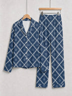 Dark Navy Blue Grid and White Blossom Print Matching Couple Christmas Sleepwear