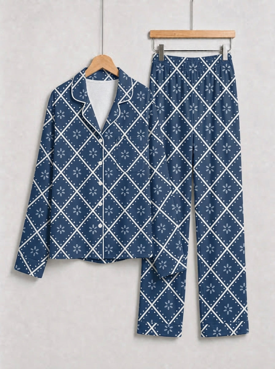 Dark Navy Blue Grid and White Blossom Print Matching Couple Christmas Sleepwear