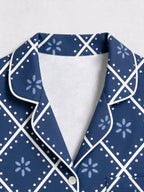 Dark Navy Blue Grid and White Blossom Print Matching Couple Christmas Sleepwear