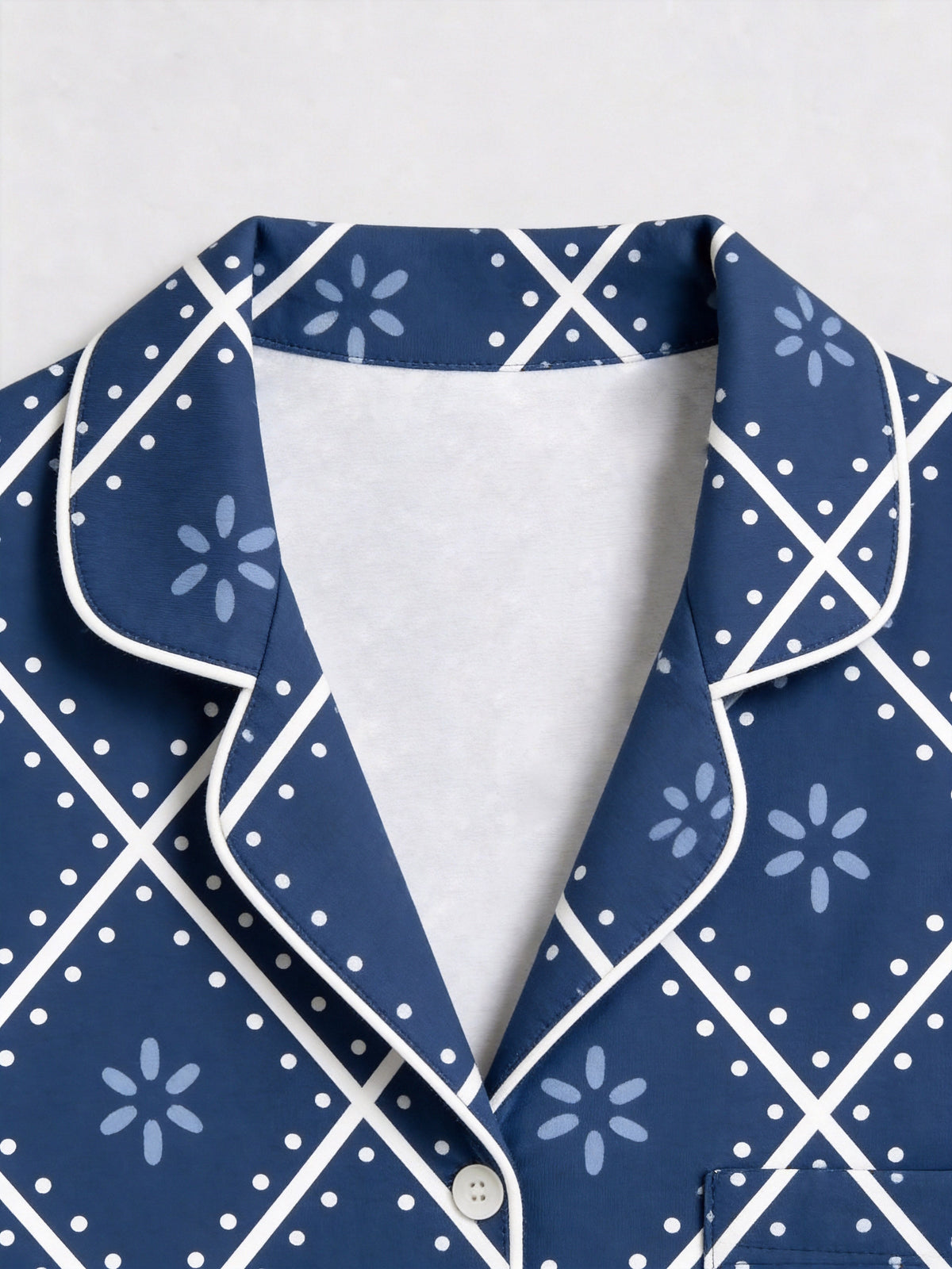 Dark Navy Blue Grid and White Blossom Print Matching Couple Christmas Sleepwear