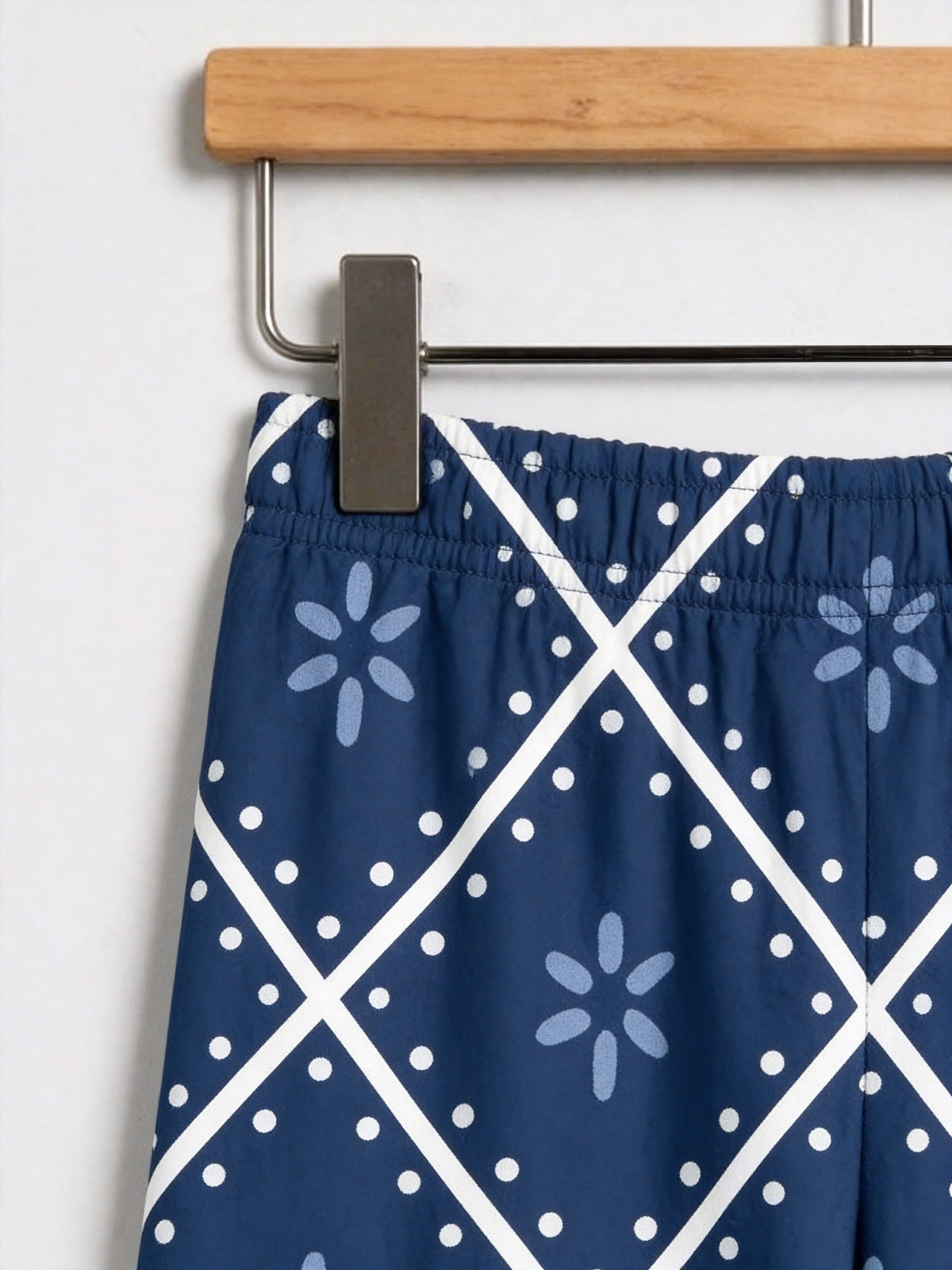 Dark Navy Blue Grid and White Blossom Print Matching Couple Christmas Sleepwear