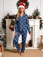 Dark Navy Blue Grid and White Blossom Print Matching Couple Christmas Sleepwear