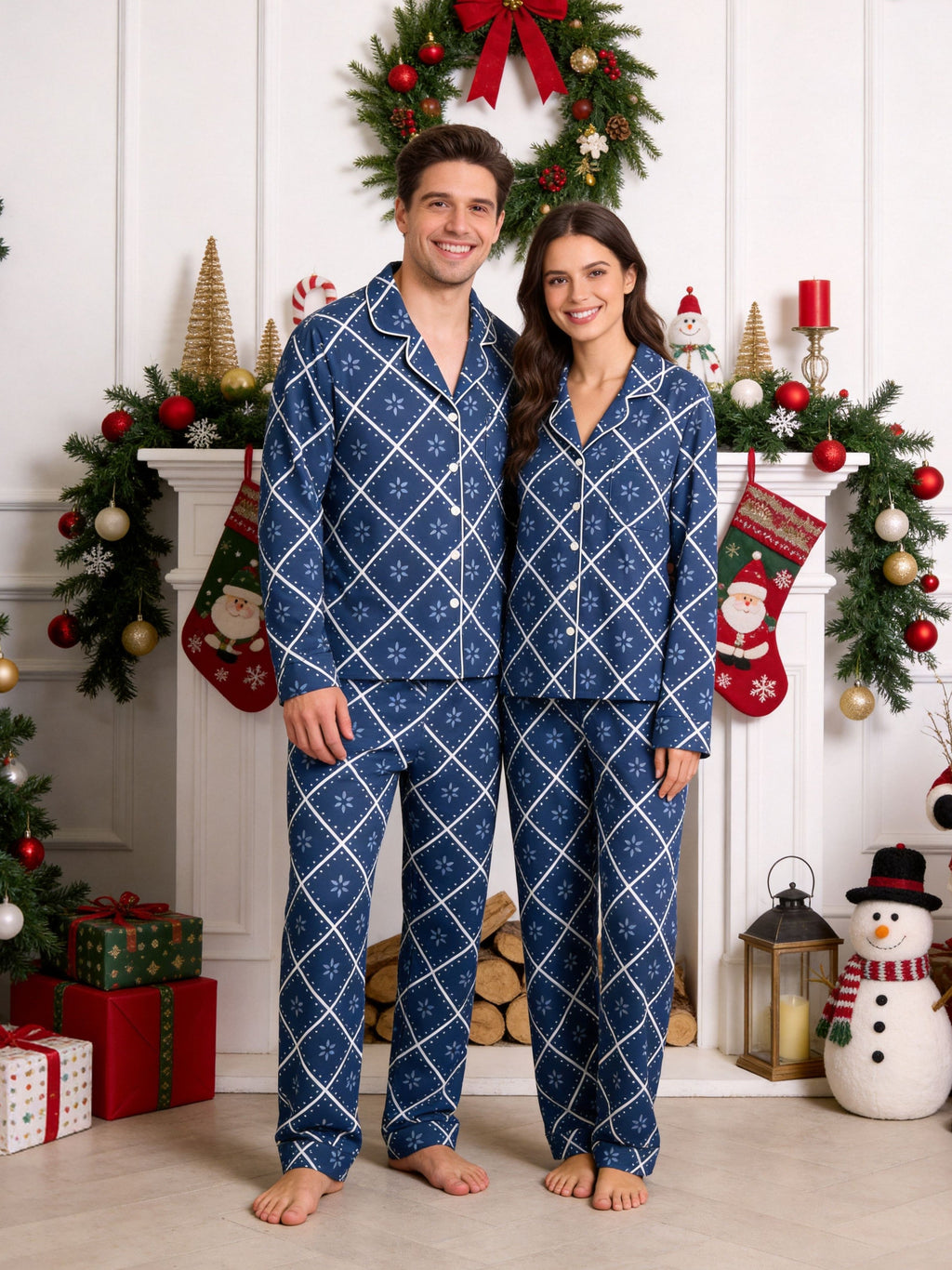Dark Navy Blue Grid and White Blossom Print Matching Couple Christmas Sleepwear