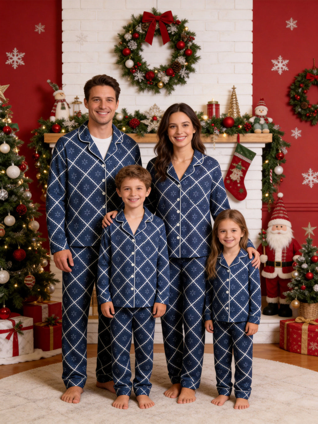 Dark Navy Blue Grid and White Blossom Print Matching Couple Christmas Sleepwear