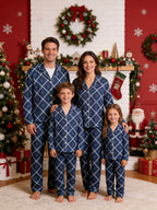 Dark Navy Blue Grid and White Blossom Print Matching Couple Christmas Sleepwear