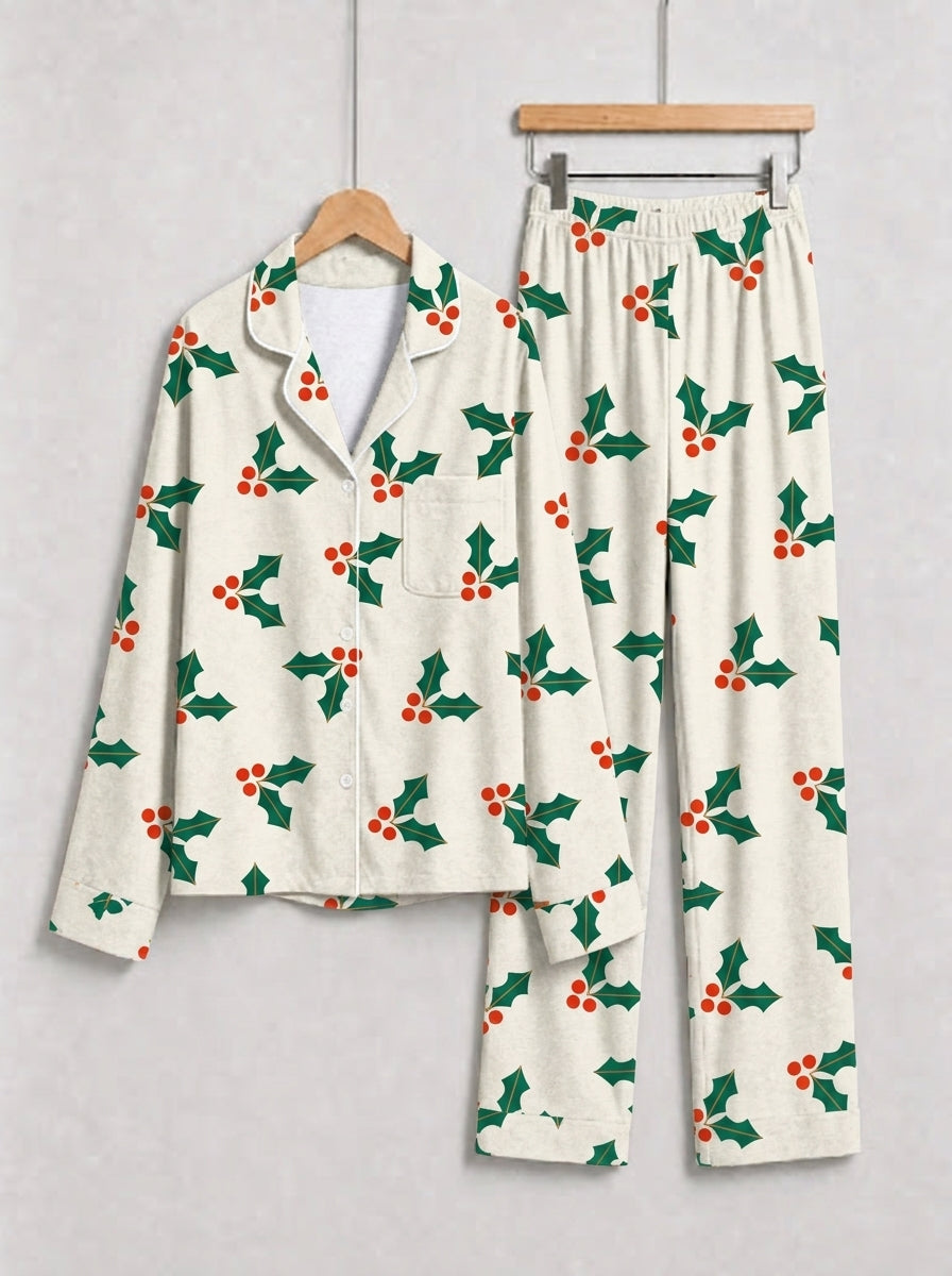 Creamy White Holly Berries and Green Leaves Print Holiday Couple Pajamas