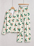 Creamy White Holly Berries and Green Leaves Print Holiday Couple Pajamas