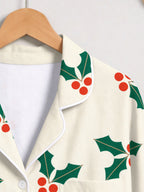 Creamy White Holly Berries and Green Leaves Print Holiday Couple Pajamas