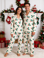 Creamy White Holly Berries and Green Leaves Print Holiday Couple Pajamas