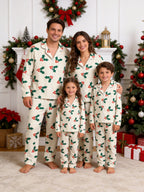 Creamy White Holly Berries and Green Leaves Print Holiday Couple Pajamas