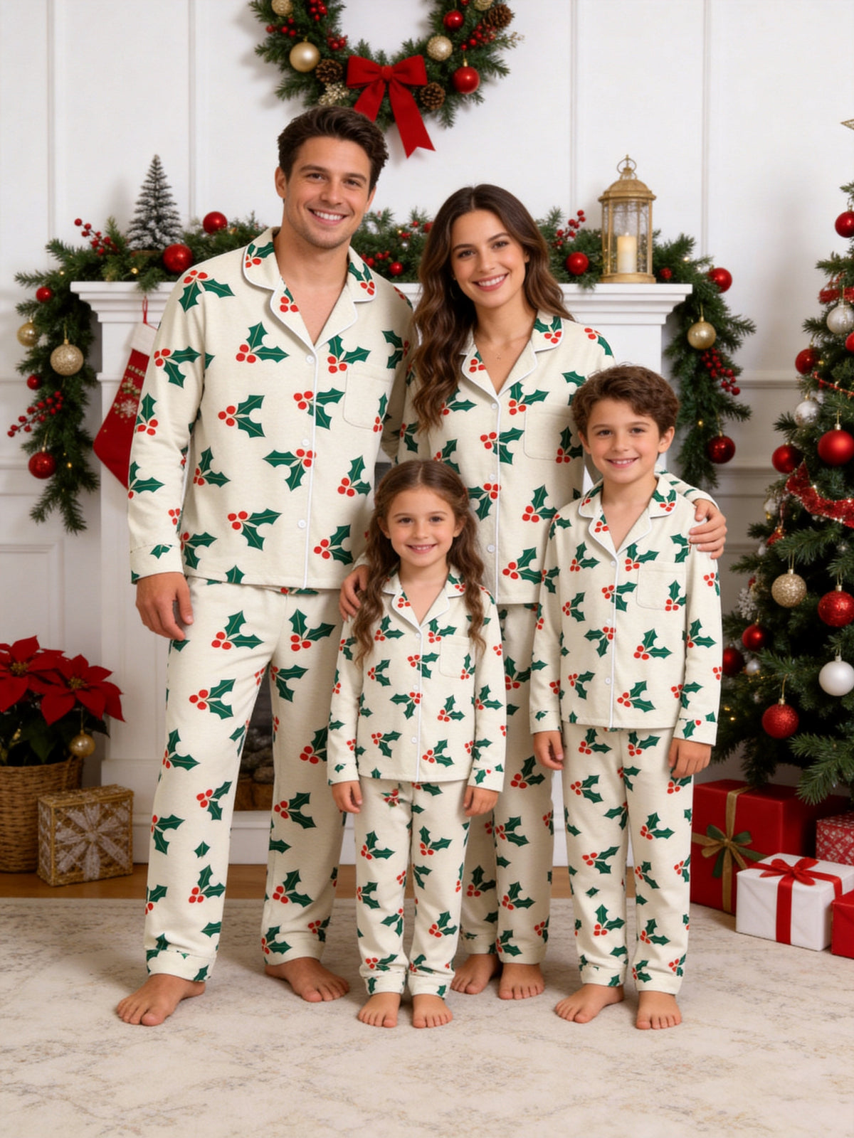 Creamy White Holly Berries and Green Leaves Print Holiday Couple Pajamas