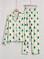 Matching Couple Christmas Pajamas Set with Gold Star-Topped Green Trees Print Long Sleeve Button-Down Sleepwear