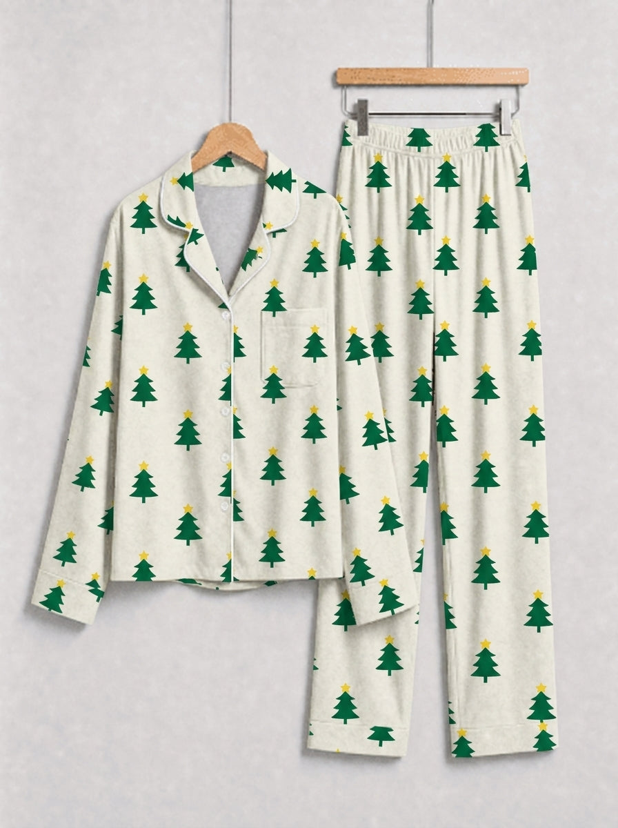 Matching Couple Christmas Pajamas Set with Gold Star-Topped Green Trees Print Long Sleeve Button-Down Sleepwear
