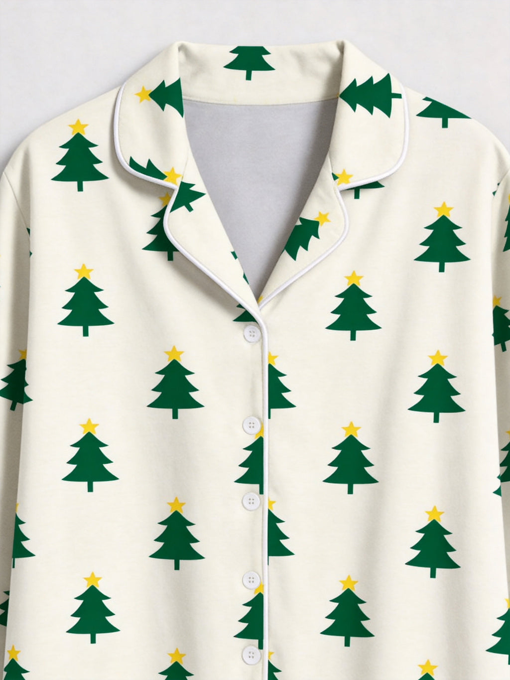 Matching Couple Christmas Pajamas Set with Gold Star-Topped Green Trees Print Long Sleeve Button-Down Sleepwear
