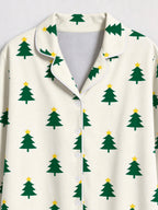 Matching Couple Christmas Pajamas Set with Gold Star-Topped Green Trees Print Long Sleeve Button-Down Sleepwear