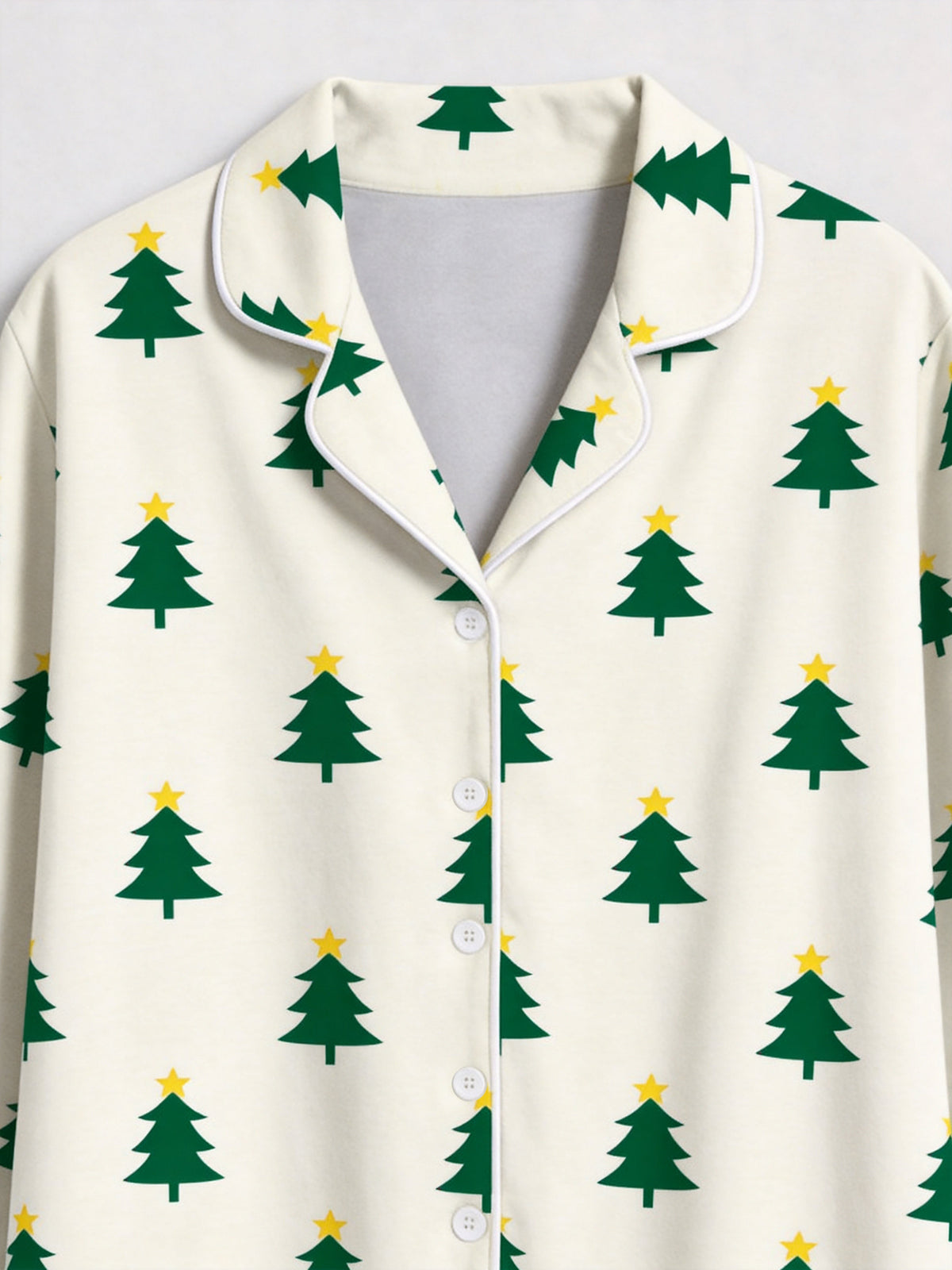 Matching Couple Christmas Pajamas Set with Gold Star-Topped Green Trees Print Long Sleeve Button-Down Sleepwear