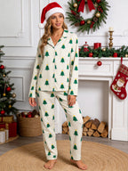 Matching Couple Christmas Pajamas Set with Gold Star-Topped Green Trees Print Long Sleeve Button-Down Sleepwear