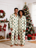 Matching Couple Christmas Pajamas Set with Gold Star-Topped Green Trees Print Long Sleeve Button-Down Sleepwear