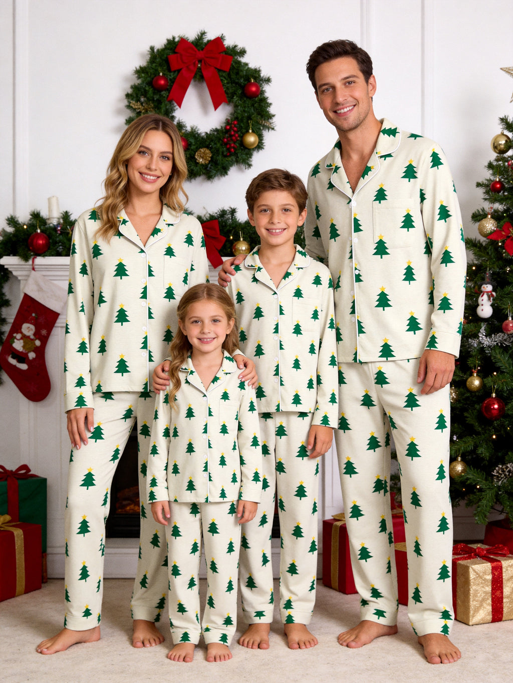 Matching Couple Christmas Pajamas Set with Gold Star-Topped Green Trees Print Long Sleeve Button-Down Sleepwear